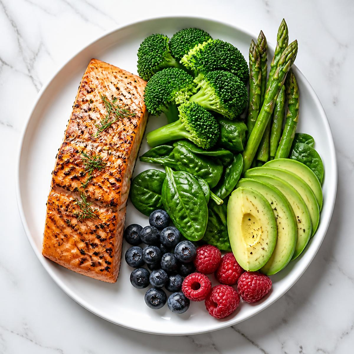 Clean reset meal: premium lean protein with fresh vegetables and low GI fruit
